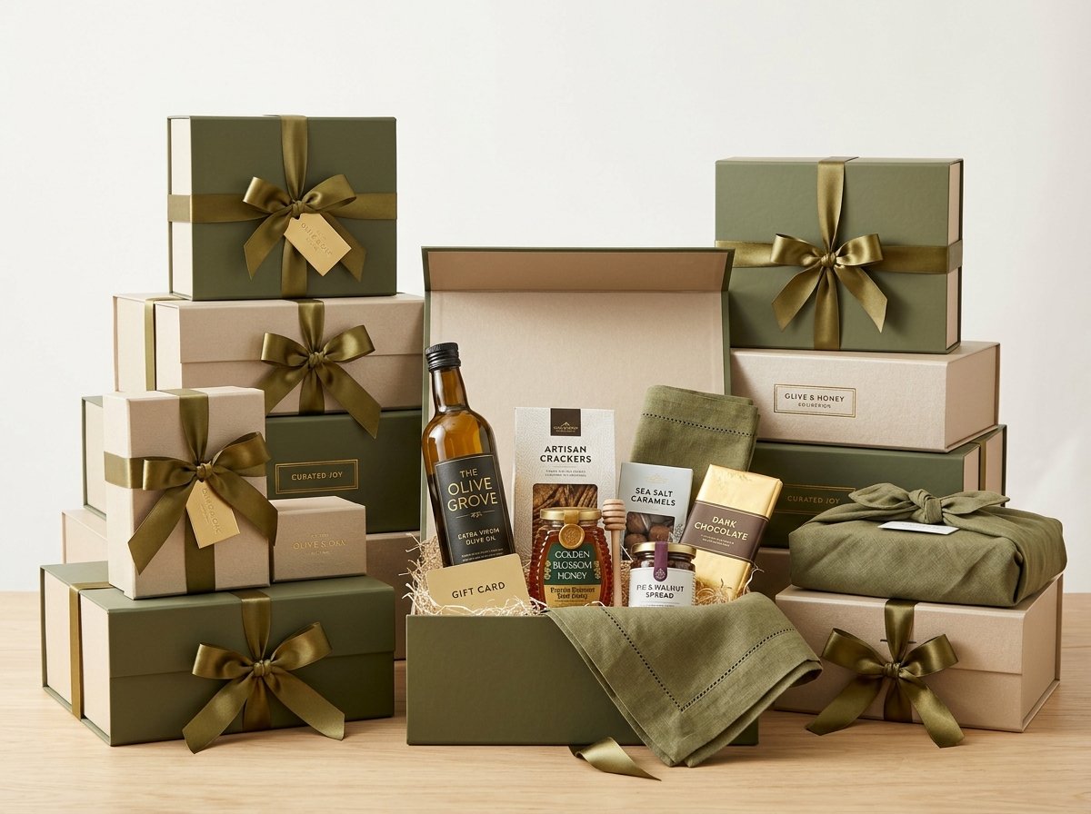 Luxury Hampers boxes in olive green and gold ribbon